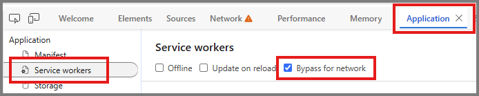 Screenshot of the Service Workers pane with Bypass for network selected.