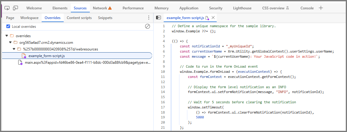 Screenshot of example_form-script.js in the Overrides tab with the purple override indicator.