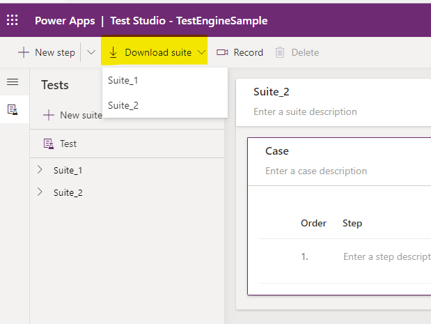 Screenshot of Test Studio download test suite button