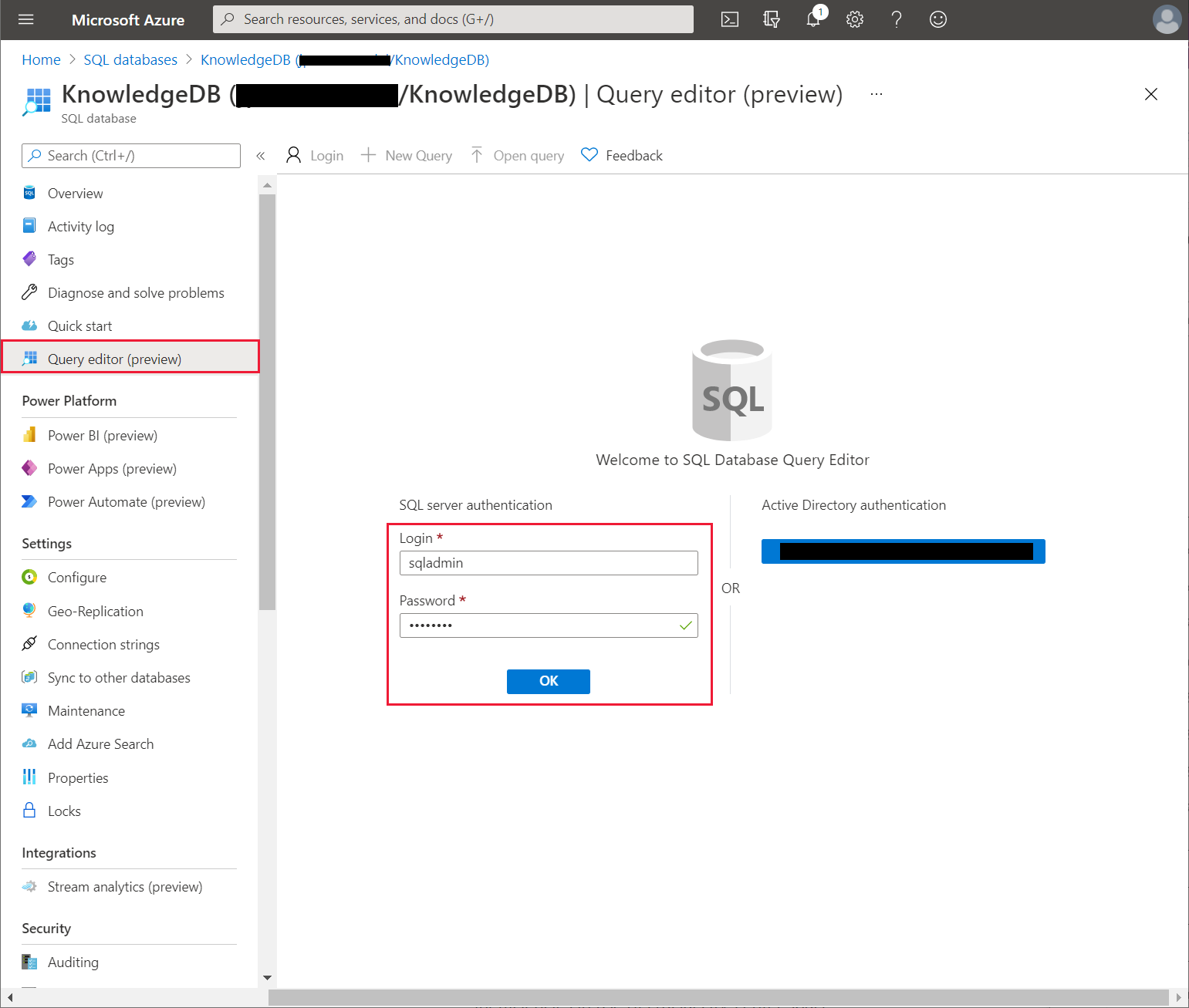Sign in to Azure SQL Database.