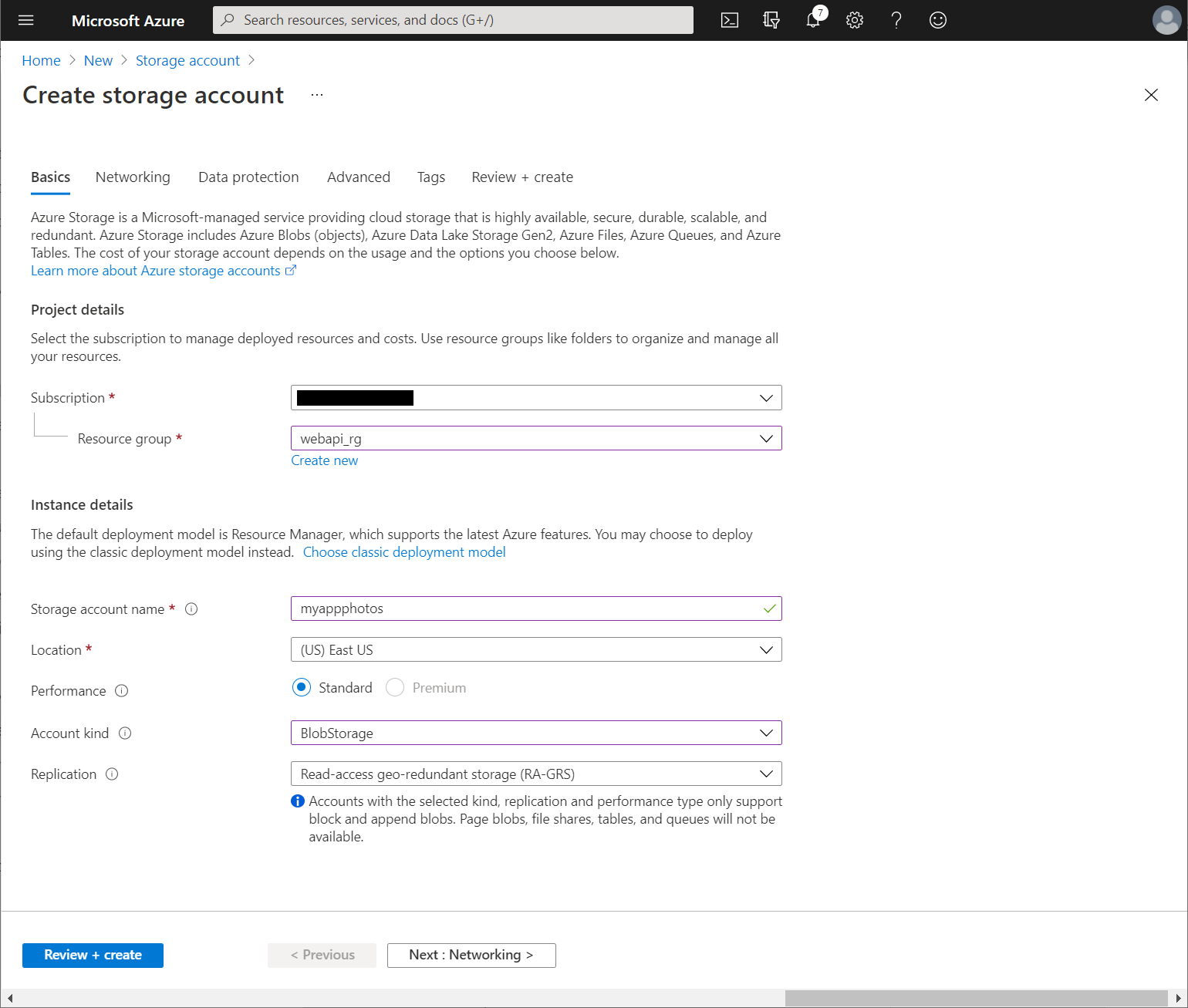 Create the Azure Storage account.