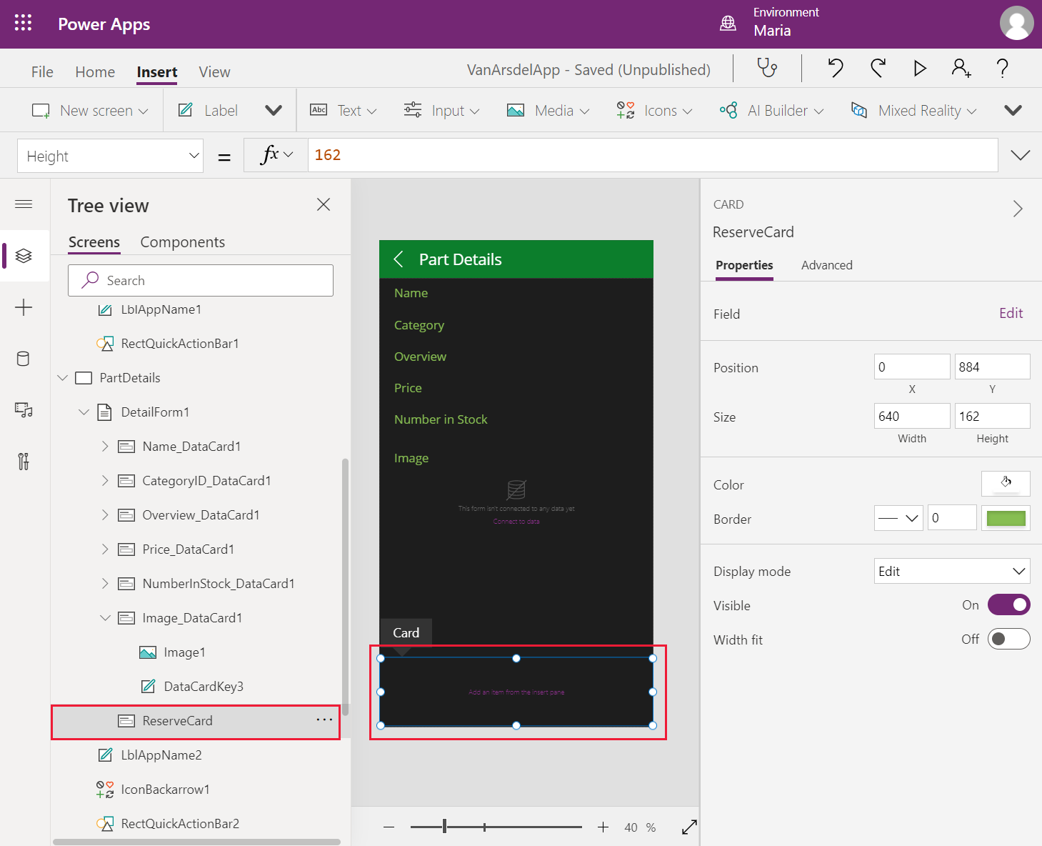 Rename and resize the data card control.