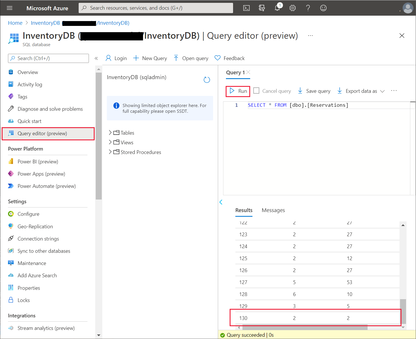 The query results in SQL Database.