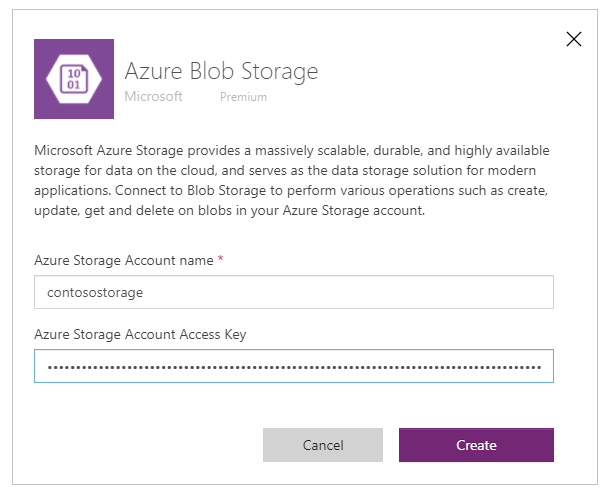 Enter storage account name and access keys.