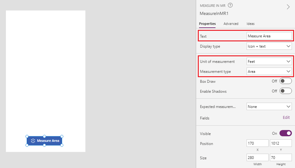 Measure Area button properties.