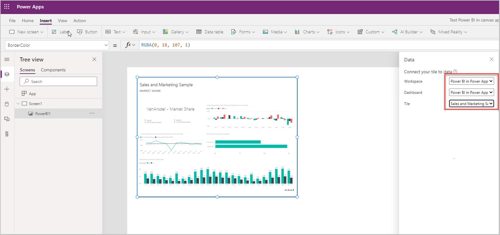 Power BI Tile is added to the canvas app