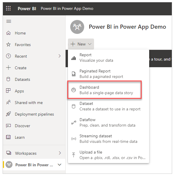 Select the New button and add a Dashboard