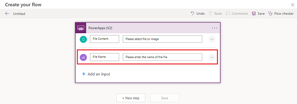 Screenshot of two user inputs in the PowerApps (V2) trigger node.