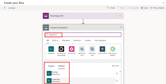 Screenshot of adding the SharePoint Create file connector to the flow.