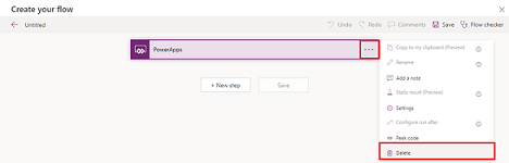 Screenshot of deleting the default PowerApps trigger in the Power Automate flow.