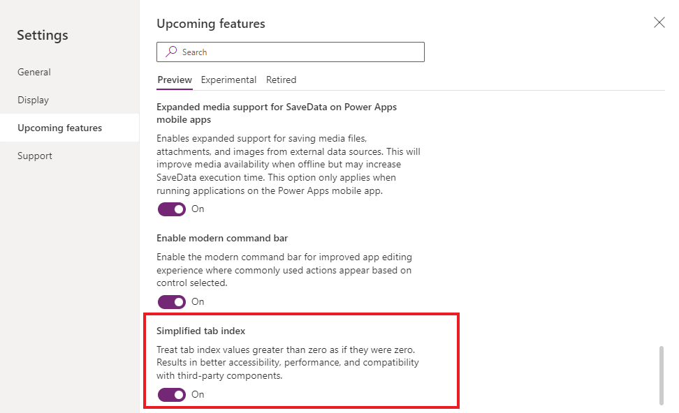 Enabling the Simplified tab index app feature.