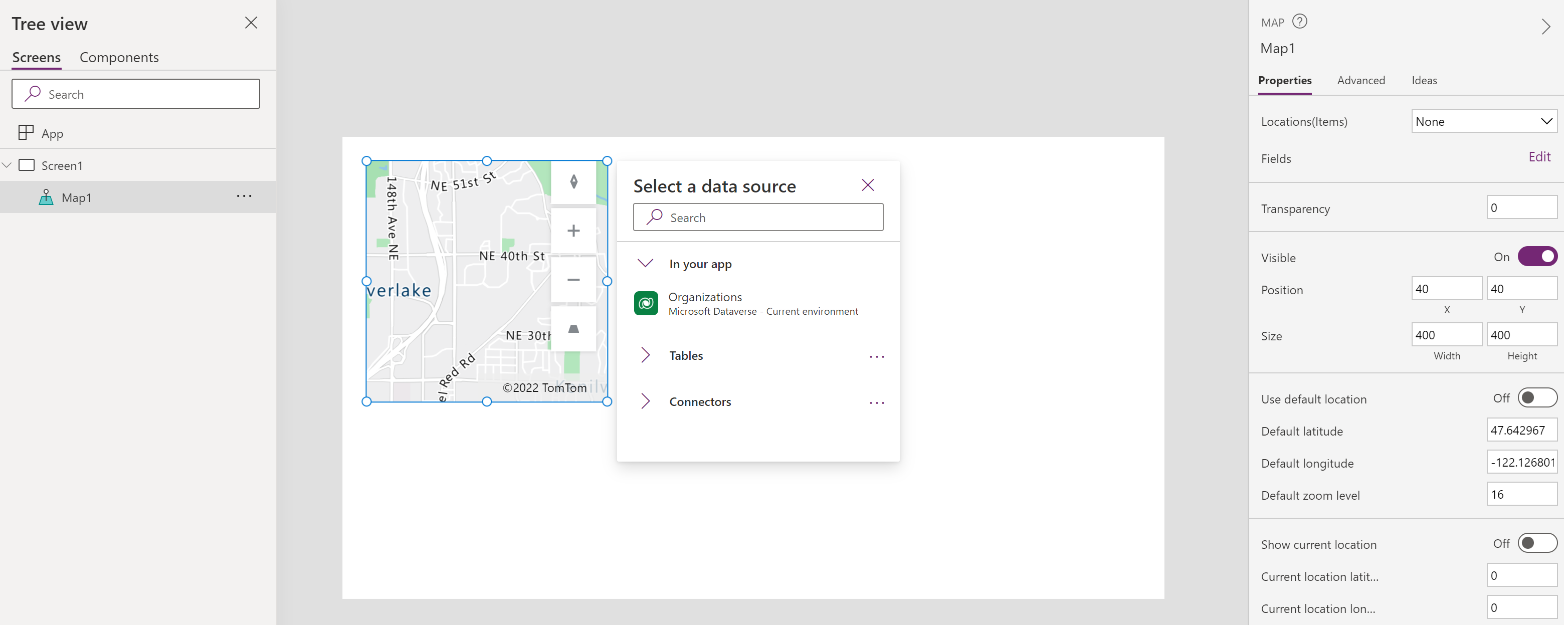 A screenshot of a tablet app in which a map control is under construction in Microsoft Power Apps Studio.