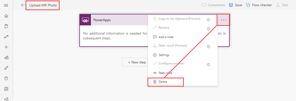 A screenshot of the Power Automate edit window, with the PowerApps step selected for deletion.