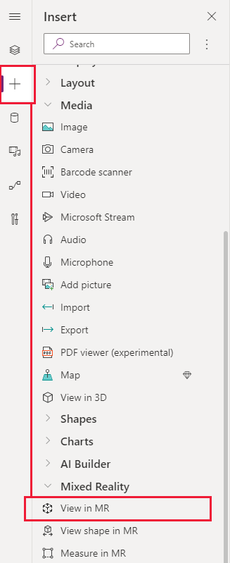 A screenshot of the Insert tab in Power Apps Studio, showing where to find the View in MR control.