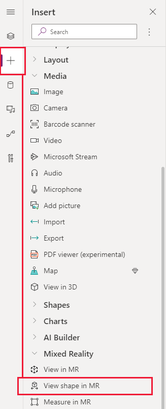 A screenshot of the Insert tab in Power Apps Studio, showing where to find the View shape in MR control.
