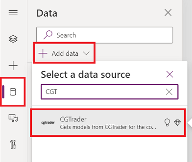 A screenshot of the Microsoft Power Apps Studio data source panel, with a search for CGTrader shown.
