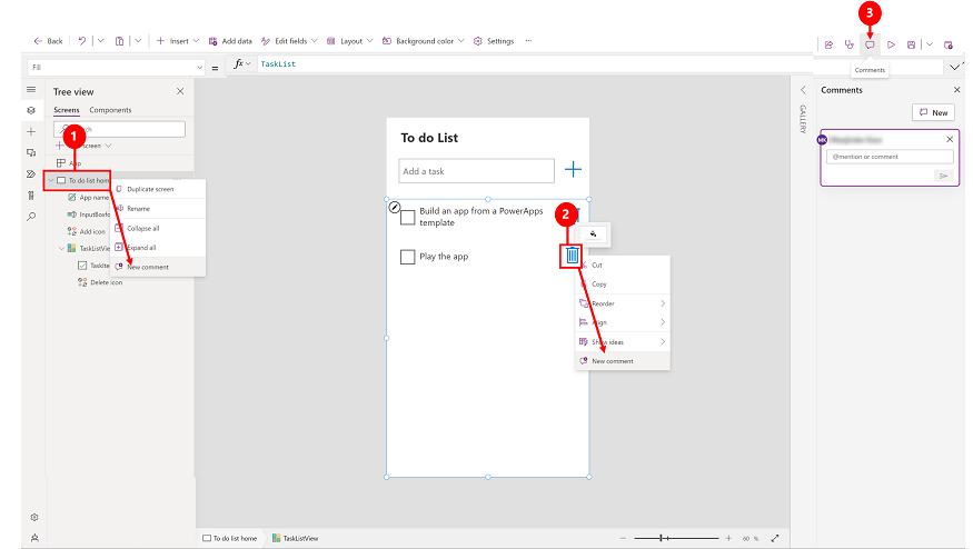 Add comments in Power Apps Studio.