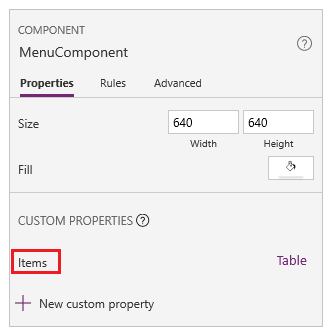 Custom input property on the Properties tab.