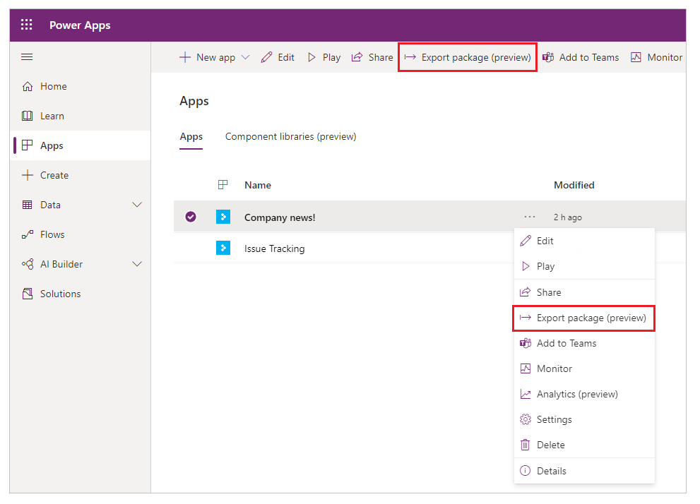 Export and import canvas app packages Power Apps Microsoft Learn