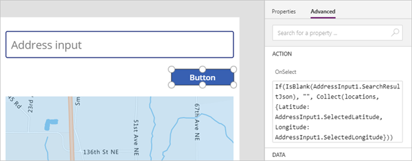 A screenshot of the button under construction in Power Apps Studio, shown with its OnSelect property.