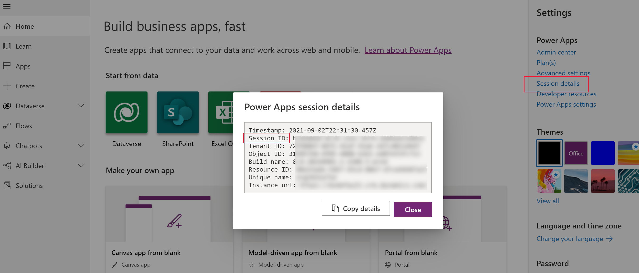 Session details from Power Apps site