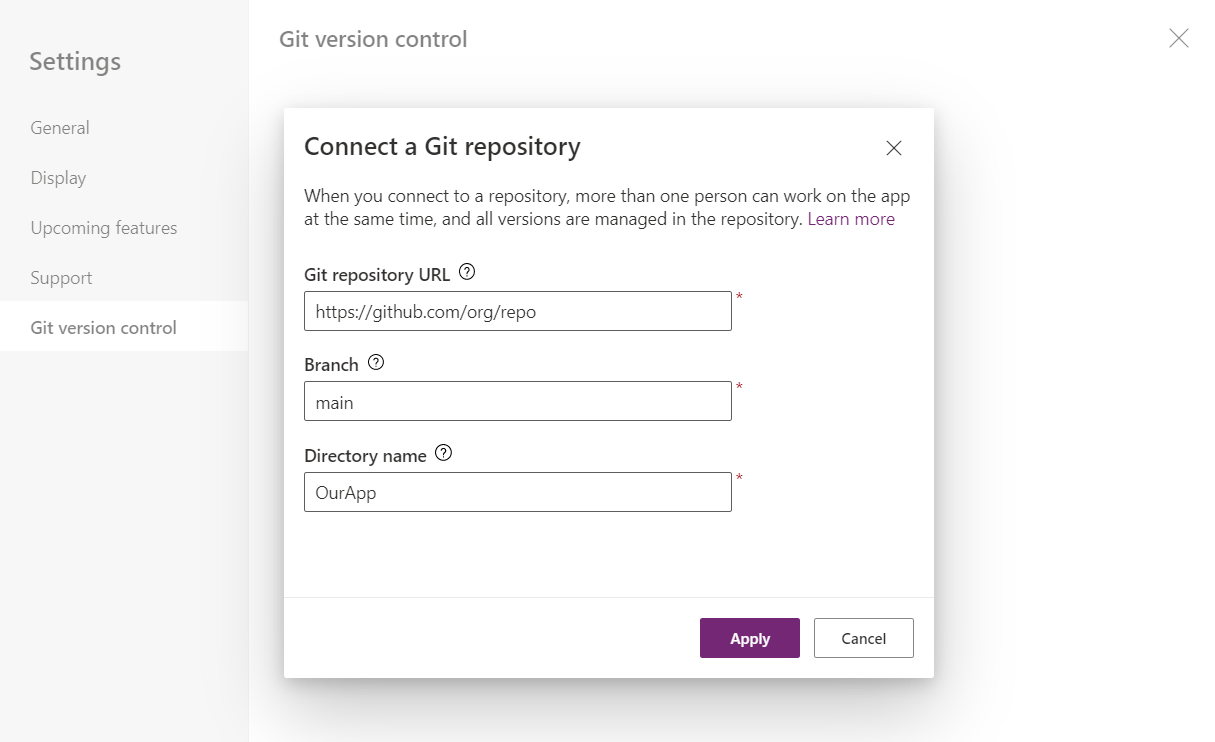 Text input boxes to provide git connection information.
