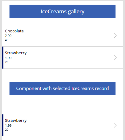 Animation that shows selection of a record from gallery above changing the component instance text below.