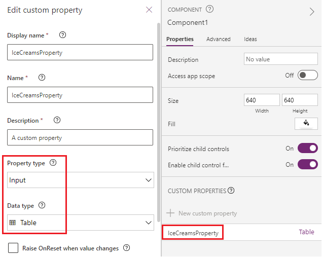 Custom input property expecting Table data type.
