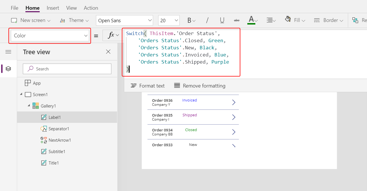 Set the Color property of the status label.