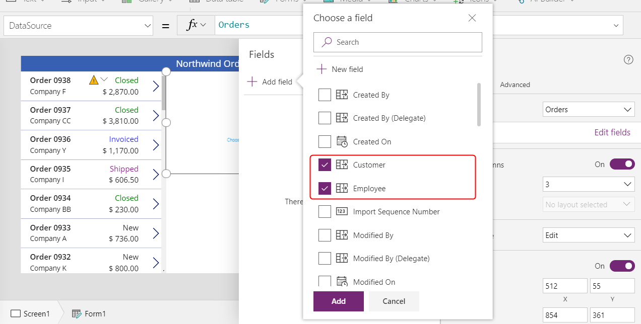 Add the Customer and Employee fields to the Edit form control.