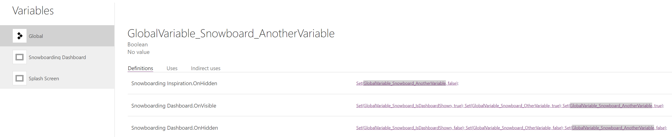 Selecting a global variable takes you to the information screen of the selected global variables.