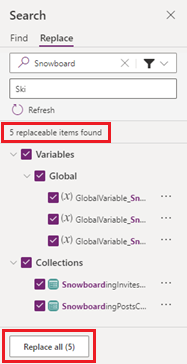 Results showing total replacements found.