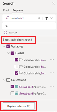 Replace selected button showing total number of items to replace.