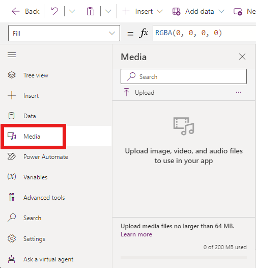Screenshot that shows how to select the Media option from the authoring menu.