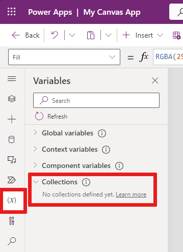 Screenshot that shows the collections in the app that are found in the Variables section.