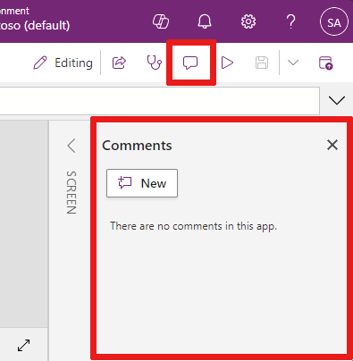 Screenshot that shows where the Comments app action is located and its menu where you can add a new comment.