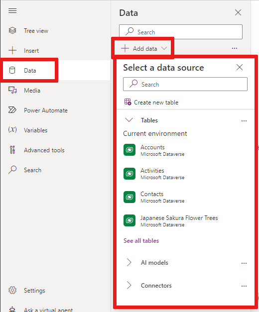Screenshot that shows how to select a data source by choosing the Add data dropdown.