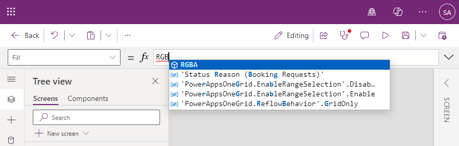 Screenshot that shows the formula bar with IntelliSense in action as you type.