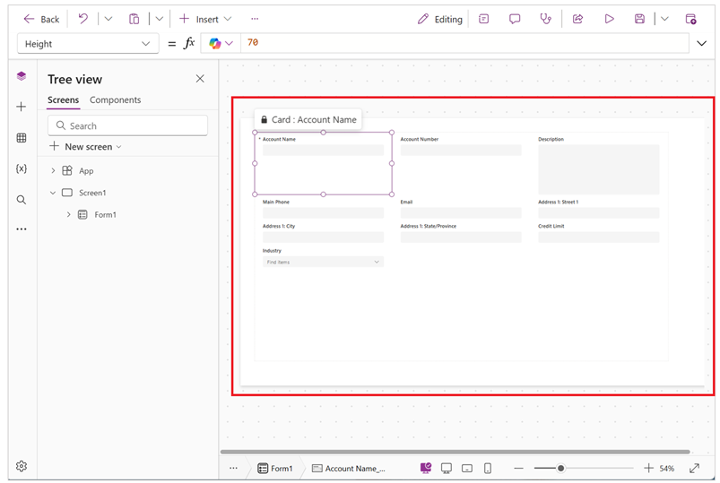 Screenshot show a form with the data card selected