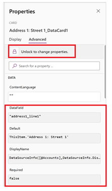 Screenshot of locked properties on a data card