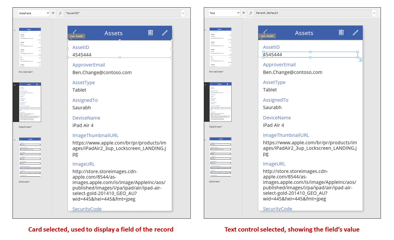 Detail card and card controls selected in the authoring experience.