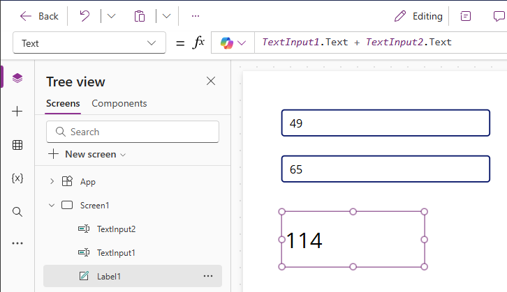 Illustration of Power Apps recalculating the sum of two numbers.