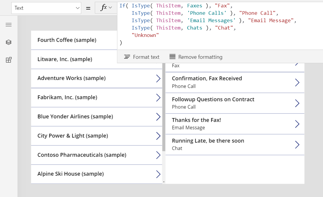 Set text property to formula to show information for faxes, phone calls, and other activities.