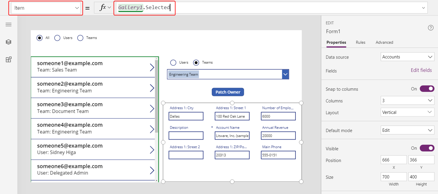 Form control showing additional fields populated from the selected item in the gallery.