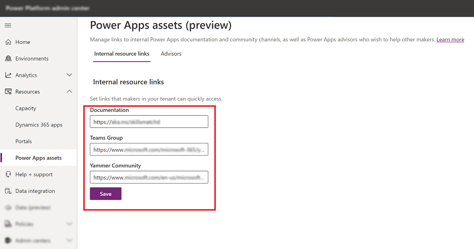 Screenshot of adding internal Documentation, Teams Group, and Yammer Community links in the Power Platform admin center.