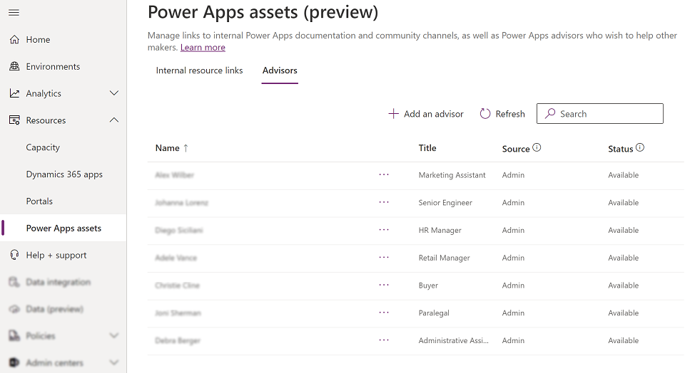Screenshot of the Advisors tab in the Power Platform admin center.