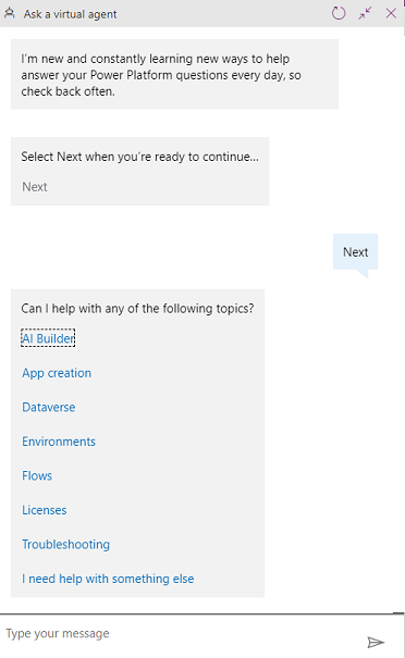 Screenshot of a maker conversation with a chat bot in Power Apps.