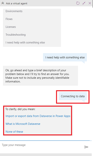 Screenshot of the start of a bot conversation about exporting data.