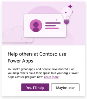 Screenshot of the invitation to become a Power Apps advisor.