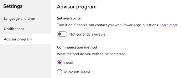 Screenshot of the advisor settings in the Power Apps user profile.